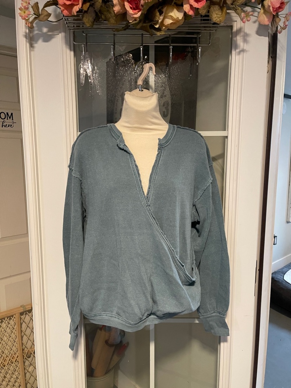 We the free Washed Slate Blue Pullover Wrap-Front Sweatshirt